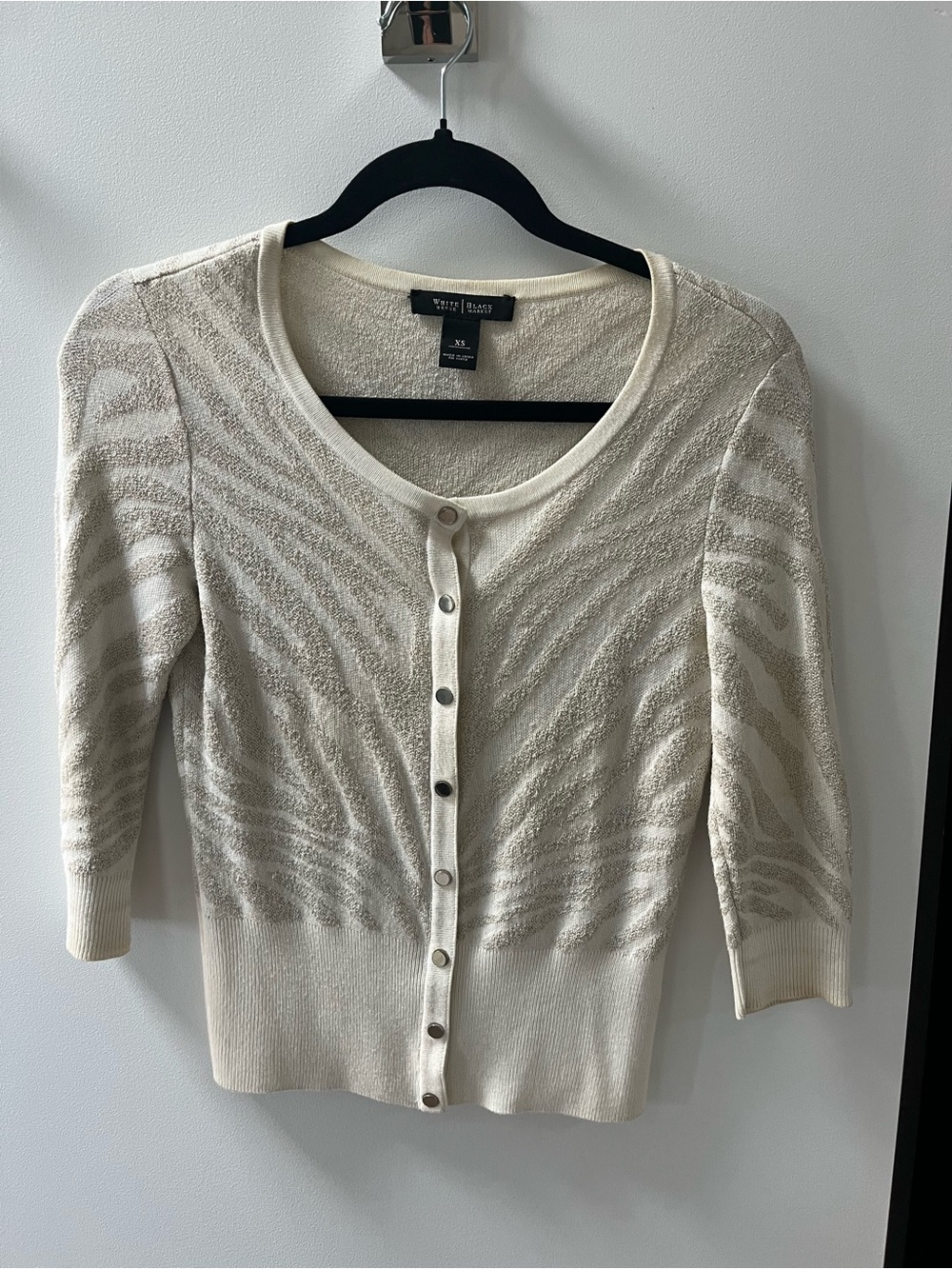 White House Black Market Cream Zebra Jacquard Button-Front Cardigan